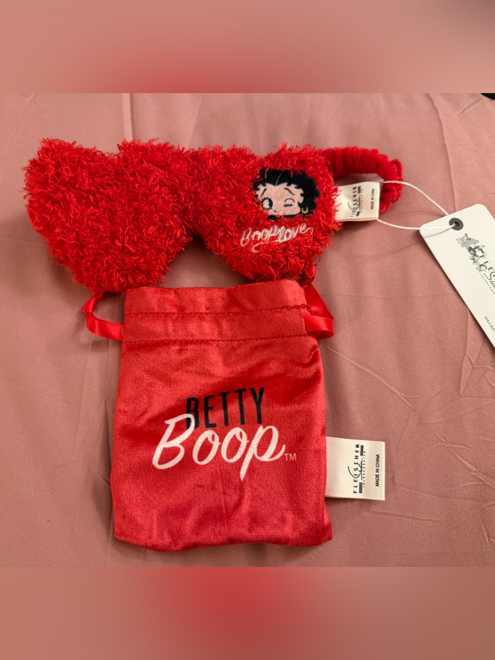 Betty Boop Red Fuzzy Kids Sleep Mask with Matching Red Pouch